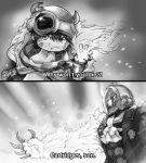  2boys 2koma bondrewd comic english facial_mark greyscale helmet highres looking_at_viewer made_in_abyss male_focus mechanical_arms metalmorag monochrome multiple_boys regu_(made_in_abyss) 