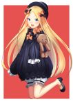  1girl abigail_williams_(fate/grand_order) bangs black_bow black_dress black_footwear black_hat blonde_hair bloomers blush bow dearonnus dress fate/grand_order fate_(series) full_body hair_bow hands_in_sleeves hat highres holding holding_stuffed_animal jumping long_sleeves looking_at_viewer object_hug orange_bow parted_bangs red_background stuffed_animal stuffed_toy teddy_bear underwear white_bloomers 
