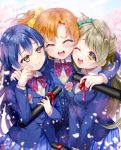  3girls ;&gt; bangs blazer blue_hair bow bowtie closed_eyes commentary_request crying diploma dress_shirt flower graduation grey_hair hair_between_eyes holding jacket kousaka_honoka long_hair long_sleeves love_live! love_live!_school_idol_project minami_kotori multiple_girls one_eye_closed one_side_up orange_hair otonokizaka_school_uniform petals plaid plaid_skirt pleated_skirt red_neckwear sandwiched school_uniform shirt skirt smile sonoda_umi striped_neckwear tearing_up tears tube uzura_(moimoi) vest white_shirt yellow_eyes 