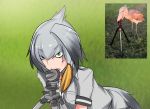  1girl altronage bangs bird bird_tail biting eyebrows_visible_through_hair grass green_eyes grey_hair grey_shirt hair_between_eyes kemono_friends photo-referenced reference_photo_inset shirt shoebill shoebill_(kemono_friends) solo tripod 