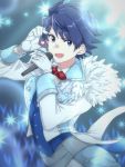  1boy blue_eyes blue_hair bow bowtie gloves heart highres idolmaster idolmaster_side-m looking_at_viewer male_focus red_neckwear smile snowflake_print solo sparkle spiky_hair taiga_takeru upper_body white_gloves 
