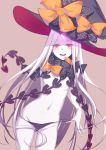 1girl abigail_williams_(fate/grand_order) black_bow black_panties blush bow breasts fate/grand_order fate_(series) hat keyhole long_hair looking_at_viewer navel orange_bow panties panty_pull pink_eyes polka_dot polka_dot_bow simple_background small_breasts solo underwear very_long_hair white_hair witch_hat xion32 