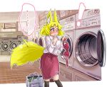  ! ... 1girl animal_ears bag bangs black_legwear blonde_hair blouse blush bra closed_mouth commentary_request doitsuken embarrassed eyebrows_visible_through_hair fox_ears fox_tail hand_to_own_mouth highres holding holding_bra holding_clothes indoors kneehighs laundromat laundry laundry_basket long_sleeves looking_down nose_blush original red_bra red_skirt short_hair skirt solo spoken_ellipsis standing striped_blouse tail underwear washing_machine white_blouse 
