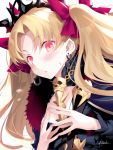  1girl artist_name bangs blonde_hair blush bow ereshkigal_(fate/grand_order) eyebrows_visible_through_hair fate/grand_order fate_(series) fur_trim hair_bow hands_up kousaki_rui long_hair looking_at_viewer own_hands_together parted_lips purple_bow red_eyes signature skull solo sweatdrop tiara tohsaka_rin two_side_up 