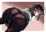  1girl aka_kitsune ass blush bow brown_hair hair_bow hatsuzuki_(kantai_collection) kantai_collection looking_back open_mouth panties panties_under_pantyhose pantyhose short_hair skirt solo trefoil underwear yellow_eyes 