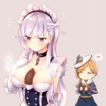  2girls ^_^ azur_lane bangs bare_shoulders belfast_(azur_lane) between_breasts blonde_hair blue_eyes blush braid breasts chains cleavage closed_eyes collar collarbone commentary_request dress elbow_gloves eyebrows_visible_through_hair french_braid gloves hat heart highres hood_(azur_lane) large_breasts long_hair maid maid_headdress multiple_girls silver_hair smile speech_bubble spoken_heart sukemyon 