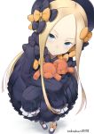  1girl abigail_williams_(fate/grand_order) absurdres artist_name bangs black_bow black_dress black_hat blonde_hair blue_eyes bow butterfly closed_mouth commentary_request dress fate/grand_order fate_(series) from_above hair_bow hands_in_sleeves hat head_tilt highres long_hair long_sleeves looking_at_viewer mary_janes object_hug orange_bow parted_bangs polka_dot polka_dot_bow purple_footwear shoes simple_background solo standing stuffed_animal stuffed_toy takahan teddy_bear very_long_hair white_background 