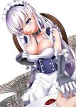  1girl azur_lane bangs bare_shoulders belfast_(azur_lane) blue_eyes blush braid breasts chains cleavage collar collarbone commentary_request cup elbow_gloves eyebrows_visible_through_hair french_braid gloves large_breasts long_hair looking_at_viewer maid maid_headdress shirosuzu silver_hair simple_background sitting smile transparent_background 