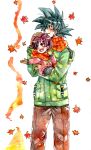  1boy 1girl :d ake_(ake54) black_eyes black_hair dragon_ball dragonball_z gloves grandfather_and_granddaughter hand_on_another&#039;s_head happy leaf looking_up open_mouth pan_(dragon_ball) scarf short_hair smile son_gokuu spiky_hair traditional_media watercolor_pencil_(medium) winter_clothes 