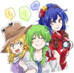  3girls blonde_hair blue_hair blush brown_hat facing_viewer frog_hair_ornament green_hair grey_eyes hair_ornament hair_tubes happy hat kochiya_sanae leaf_hair_ornament locked_arms long_hair moriya_suwako multiple_girls open_mouth pyonta red_eyes smile touhou unya upper_body white_background yasaka_kanako 