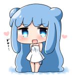  1girl :d absurdly_long_hair arms_behind_head bangs bare_shoulders barefoot blue_eyes blue_hair blush chibi collarbone commentary_request double_bun dress eyebrows_visible_through_hair full_body goo_girl half_slime-chan hana_kazari heart long_hair looking_at_viewer monster_girl open_mouth original smile solo standing strapless strapless_dress translation_request v-shaped_eyebrows very_long_hair white_dress 