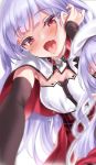  1girl :d ajax_(azur_lane) azur_lane black_gloves blush breasts cape commentary_request drooling elbow_gloves gloves heart heart-shaped_pupils kure_masahiro lavender_hair long_hair looking_at_viewer medium_breasts open_mouth smile solo symbol-shaped_pupils tongue tongue_out violet_eyes 