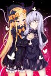  2girls :d abigail_williams_(fate/grand_order) bags_under_eyes bangs black_bow black_dress black_hat blonde_hair bloomers blue_eyes bow butterfly closed_mouth commentary_request cowboy_shot dress eye_contact eyebrows_visible_through_hair fate/grand_order fate_(series) hair_between_eyes hair_bow hand_holding hat highres horn interlocked_fingers kuragari lavinia_whateley_(fate/grand_order) long_hair long_sleeves looking_at_another multiple_girls open_mouth orange_bow pale_skin parted_bangs pink_eyes polka_dot polka_dot_bow silver_hair sleeves_past_wrists smile tentacle underwear very_long_hair white_bloomers wide-eyed 