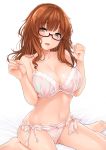  1girl bangs bare_legs barefoot blunt_bangs bra breasts brown_eyes brown_hair cleavage eyebrows_visible_through_hair fingernails girls_und_panzer glasses hands_up harino646 head_tilt highres large_breasts long_hair looking_at_viewer navel panties pink_bra pink_panties red-framed_eyewear simple_background sitting solo stomach takebe_saori underwear underwear_only white_background 