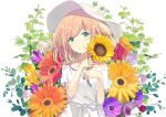  1girl dress eyebrows_visible_through_hair flower hat holding holding_flower jewelry looking_at_viewer necklace off-shoulder_dress off_shoulder original pink_hair simple_background solo sunflower sutorora upper_body white_background white_dress white_hat 