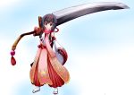  1girl black_eyes black_hair breasts eyebrows hair_ornament hairband holding holding_sword holding_weapon huge_weapon japanese_clothes kosenko long_hair looking_at_viewer medium_breasts miko original ponytail single_sleeve sleeveless smile solo sword thick_eyebrows weapon 