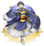  1boy black_gloves blue_eyes blue_hair boba egasumi gloves hakama japanese_clothes katana male_focus mikazuki_munechika open_mouth petals sandals smile sword tabi touken_ranbu weapon 