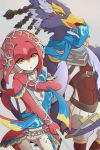  1boy 1girl aisawa_natsu bird blush fins fish_girl green_eyes hair_ornament highres jewelry long_hair mipha monster_girl multicolored multicolored_skin no_eyebrows red_skin redhead revali rito smile the_legend_of_zelda the_legend_of_zelda:_breath_of_the_wild yellow_eyes zora 