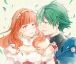  1boy 1girl alm_(fire_emblem) armor bare_shoulders blush breasts celica_(fire_emblem) circlet couple detached_collar earrings fire_emblem fire_emblem_echoes:_mou_hitori_no_eiyuuou green_eyes hairband hetero jewelry leaf long_hair looking_at_another medium_breasts open_mouth orange_hair portrait red_eyes short_hair smile tbsw turtleneck wind 