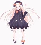  1girl :o abigail_williams_(fate/grand_order) absurdres bangs black_bow black_dress black_footwear black_hat blonde_hair bloomers blue_eyes blush bow butterfly dress eyebrows_visible_through_hair fate/grand_order fate_(series) full_body hair_bow hands_in_sleeves hat head_tilt heart highres long_hair long_sleeves looking_at_viewer mary_janes open_mouth orange_bow parted_bangs pigeon-toed pink_background polka_dot polka_dot_bow ruten_(onakasukusuku) shoes simple_background solo standing underwear very_long_hair white_bloomers 
