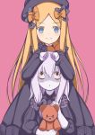  2girls :o abigail_williams_(fate/grand_order) bangs black_bow black_dress black_hat blonde_hair blue_eyes bow butterfly closed_mouth commentary_request dress eyebrows_visible_through_hair fate/grand_order fate_(series) hair_bow hands_in_sleeves hands_on_another&#039;s_head hat lavinia_whateley_(fate/grand_order) long_hair long_sleeves looking_at_another looking_at_viewer looking_up multiple_girls object_hug orange_bow parted_bangs parted_lips pink_background polka_dot polka_dot_bow shaded_face simple_background smile stuffed_animal stuffed_toy teddy_bear toshishikisai very_long_hair white_hair wide-eyed 