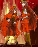  1boy 1girl artist_name blush boots brother_and_sister brown_hair cape demon_archer fate/grand_order fate_(series) fire frown hands_on_hips hat height_difference koha-ace long_hair looking_at_another oda_nobukatsu_(fate/grand_order) oda_uri open_mouth red_cape red_eyes siblings sketch sweat tearing_up uhana 