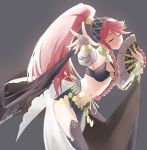  1girl alternate_costume balisong black_legwear braid cowboy_shot fan fingerless_gloves fire_emblem fire_emblem:_kakusei fire_emblem_heroes folding_fan foreshortening gloves grey_background hairband highres jewelry knife looking_at_viewer midriff navel o-ring_top olivia_(fire_emblem) one_eye_closed outstretched_arm pelvic_curtain pink_eyes pink_hair ponytail ring sash simple_background sketch sketchy smile solo thigh-highs twin_braids 
