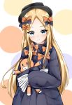  1girl abigail_williams_(fate/grand_order) absurdres bangs black_bow black_dress black_hat blonde_hair blue_eyes blush bow closed_mouth commentary_request dress eyebrows_visible_through_hair fate/grand_order fate_(series) hair_bow hands_in_sleeves hat head_tilt highres long_hair long_sleeves looking_at_viewer moyoron multicolored multicolored_polka_dots object_hug orange_bow parted_bangs polka_dot polka_dot_background polka_dot_bow smile solo stuffed_animal stuffed_toy teddy_bear very_long_hair white_background 