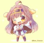  1girl ahoge bare_shoulders boots brown_eyes brown_hair chibi detached_sleeves double_bun full_body hairband headgear japanese_clothes kantai_collection kongou_(kantai_collection) kouu_hiyoyo long_hair looking_at_viewer lowres nontraditional_miko one_eye_closed open_mouth ribbon-trimmed_sleeves ribbon_trim smile solo thigh-highs thigh_boots twitter_username yellow_background 