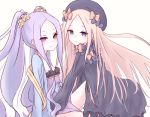  2girls abigail_williams_(fate/grand_order) bangs black_bow black_dress black_hat blonde_hair blue_bow blue_eyes blush bow butterfly chinese_clothes closed_mouth collarbone commentary_request dress fate/grand_order fate_(series) frills hair_ornament hair_scrunchie hands_in_sleeves hanfu hat highres long_hair long_sleeves looking_at_viewer multiple_girls orange_bow parted_bangs pelvic_curtain pink_eyes polka_dot polka_dot_bow purple_hair ruten_(onakasukusuku) scrunchie shawl sidelocks sitting smile tsurime twintails very_long_hair wu_zetian_(fate/grand_order) yellow_scrunchie 
