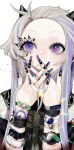  1girl absurdres black_jacket blue_eyes blue_nails eyelashes fingernails hands_over_mouth hands_up highres horns jacket long_fingernails long_hair looking_away looking_up nail_art nail_polish ohisashiburi original parted_lips silver_hair solo upper_body watch watch 
