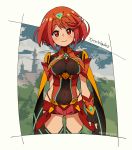  1girl absurdres blush breasts covered_navel earrings fingerless_gloves gloves hair_ornament highres pyra_(xenoblade) jewelry large_breasts looking_at_viewer red_eyes redhead short_hair shorts sidelocks simple_background smile solo tiara xenoblade xenoblade_2 