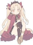  1girl asymmetrical_legwear bangs black_legwear blade_(galaxist) blonde_hair blush brown_dress cloak closed_mouth commentary_request copyright_request dress earrings ereshkigal_(fate/grand_order) eyebrows_visible_through_hair fate/grand_order fate_(series) full_body gold_footwear hair_intakes hair_ribbon headdress hood hooded_cloak hoodie jewelry long_hair looking_at_viewer orange_eyes red_cloak red_ribbon ribbon shoes simple_background single_thighhigh sitting smile solo sparkle tareme thigh-highs tohsaka_rin two_side_up very_long_hair white_background 