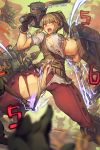  1girl blonde_hair blush commentary_request gloves goblin hammer highres long_hair melon22 open_mouth polearm ponytail red_eyes shield short_sleeves spear swordsman_(tree_of_savior) tree_of_savior weapon 