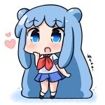  1girl :d absurdly_long_hair bangs blue_eyes blue_hair blue_skirt blush brown_footwear chibi commentary_request double_bun eyebrows_visible_through_hair full_body goo_girl half_slime-chan hana_kazari hand_up heart kneehighs long_hair looking_at_viewer monster_girl neckerchief open_mouth original pleated_skirt red_neckwear school_uniform serafuku shirt shoes short_sleeves skirt smile solo standing translation_request very_long_hair white_legwear white_shirt 