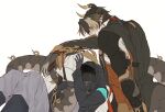  1boy 1other absurdres ambiguous_gender arknights arm_up armor black_coat black_gloves black_hair blush brown_hair chong_yue_(arknights) coat collared_coat commentary_request doctor_(arknights) dragon_boy dragon_horns dragon_tail ear_piercing elbow_on_knee feet_out_of_frame gloves grin highres holding_another&#039;s_tail hood hood_up hooded_coat horns knees_up korean_commentary leaning_on_person long_hair long_sleeves looking_at_another low_ponytail multicolored_hair pauldrons piercing pointy_ears rerebrace ribbon shoulder_armor simple_background single_pauldron single_sleeve sitting smile streaked_hair tail tail_ornament tail_ribbon very_long_tail walhee221 white_background wide_sleeves yellow_eyes 