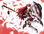  1girl adricarra armor armored_boots boots feathers fire_emblem fire_emblem_if full_body gauntlets hair_between_eyes hairband highres long_hair matoi_(fire_emblem_if) polearm red_eyes redhead shield solo weapon winged_hair_ornament 