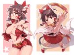  2girls belt benikurage blush bow breasts brown_eyes brown_hair brown_scarf cleavage collarbone cookie_(touhou) detached_sleeves enperuto_(yarumi) facepaint hair_bow hair_tubes hakurei_reimu headdress highres large_breasts looking_at_viewer middle_finger multiple_girls native_american navel parted_lips plump red_bow red_eyes reu smile teeth touhou 