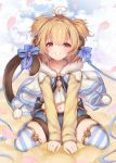  1girl ahoge anchira_(granblue_fantasy) animal_ears blonde_hair blush clenched_teeth commentary_request erun_(granblue_fantasy) flying_nimbus granblue_fantasy highres looking_at_viewer midriff monkey_ears monkey_tail navel petals red_eyes short_hair sitting smile solo striped striped_legwear tail teeth thigh-highs topia wariza 