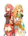  2girls armor blonde_hair breasts covered_navel dress earrings fingerless_gloves gloves green_eyes hair_ornament mythra_(xenoblade) pyra_(xenoblade) jewelry large_breasts long_hair looking_at_viewer multiple_girls murata_taichi red_eyes redhead short_hair shorts sidelocks simple_background smile tiara white_background xenoblade xenoblade_2 yellow_eyes 