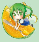  1girl ascot cantaloupe chamaji chibi commentary_request daiyousei dress eyebrows_visible_through_hair fairy_wings food fruit green_eyes green_hair hair_between_eyes hair_ribbon highres kneeling melon puffed_cheeks puffy_short_sleeves puffy_sleeves ribbon shoes short_sleeves side_ponytail simple_background solo spoon touhou wings 