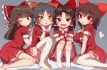  4girls benikurage black_hair blush blush_stickers bow breast_pocket breasts brown_eyes brown_hair closed_mouth cookie_(touhou) hair_bow hair_tubes hakurei_reimu heart kanna_(cookie) kneehighs large_breasts multiple_girls one_eye_closed open_mouth parted_lips po_(seiga67696379) pocket red_bow red_eyes red_skirt reu sananana seiza short_sleeves sitting skirt smile thigh-highs touhou white_legwear yellow_eyes 