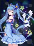 1girl :d absurdres bare_shoulders blue_bow blue_dress blue_eyes blue_hair bow detached_sleeves dress fang from_side hair_bow hair_ornament hairclip hatsune_miku highres long_hair long_sleeves open_mouth petticoat rabbit smile solo star star_hair_ornament twintails very_long_hair w-t wide_sleeves yuki_miku 