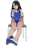  1girl 774_(nanashi) bangs black_hair blue_swimsuit brown_eyes chair collared_shirt commentary_request covered_navel dark_skin foreshortening full_body grin hair_ornament hairclip half-closed_eyes highres ijiranaide_nagatoro-san long_hair looking_at_viewer nagatoro no_socks one-piece_swimsuit open_clothes open_shirt original school_swimsuit shirt shoes short_eyebrows simple_background sitting smile solo swimsuit white_background white_shirt 