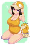  1girl :o ? animal_hat bare_shoulders belly black_hair blush breasts cleavage covered_navel erect_nipples error fumitsuki_kyou hands_on_headwear hat highres large_breasts personification plump pokemon psyduck seiza short_shorts shorts sitting tank_top thighs violet_eyes 