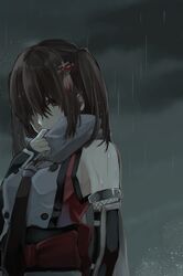  1girl bare_shoulders bracer brown_eyes brown_hair clouds cloudy_sky detached_sleeves grey_scarf hair_between_eyes hair_ornament hair_over_one_eye kantai_collection looking_at_viewer night obi one_eye_covered rain remodel_(kantai_collection) rinto_(rint_rnt) sash scarf scarf_over_mouth school_uniform sendai_(kantai_collection) serafuku sky sleeveless solo twintails upper_body vest wet wet_hair 