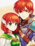  1boy 1girl 2900cm brother_and_sister fire_emblem fire_emblem:_rekka_no_ken green_eyes hair_ornament looking_at_viewer open_mouth priscilla_(fire_emblem) raven_(fire_emblem) red_eyes redhead short_hair siblings simple_background smile 