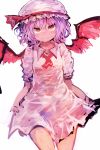  1girl absurdres ascot bat_wings closed_mouth cowboy_shot fang_out hair_between_eyes hat hat_ribbon highres kaamin_(mariarose753) lavender_hair looking_at_viewer mob_cap red_eyes red_neckwear red_ribbon remilia_scarlet ribbon short_sleeves simple_background smile solo touhou white_background wing_collar wings 