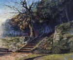  autumn_leaves bush commentary_request day forest grass moss nature no_humans oil_painting_(medium) outdoors path road scenery somei_yoshinori stairs traditional_media tree wall 