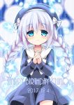  1girl 2017 alternate_hairstyle balloon beret blue_background blue_dress blue_eyes blue_hair blue_hat blush bow braid character_name closed_mouth collarbone dated dress english eyebrows_visible_through_hair glowing gochuumon_wa_usagi_desu_ka? hair_between_eyes hands_clasped happy_birthday hat himarisu_(hida_mari) kafuu_chino light_particles long_hair long_sleeves looking_at_viewer low_twintails number own_hands_together sailor_dress silhouette smile solo star striped striped_bow twin_braids twintails vertical-striped_background vertical_stripes white_bow 